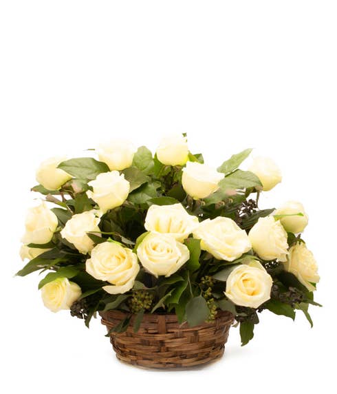 Pale yellow rose flower basket bouquet with yellow roses, woven basket and card