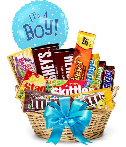 New mother gift with newborn baby boy gift basket and balloon bouquet