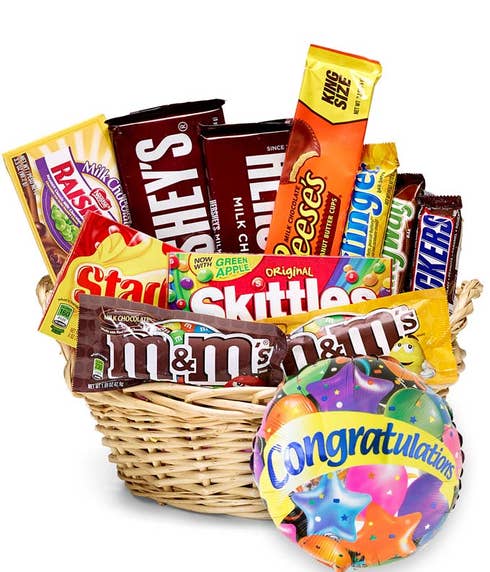 Congratulations candy gifts basket with floating congratulations balloon