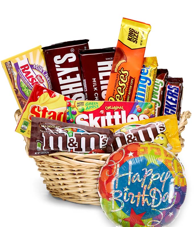 Assorted Treats and 1 piece Mylar Happy Birthday Balloon in a Woven Container