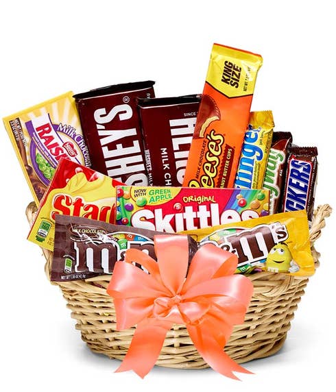 Fall chocolate candy gifts basket with chocolate bars, candy and sweets