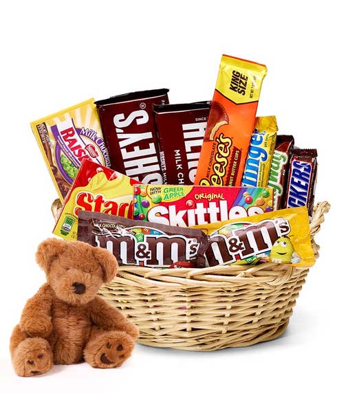 teddy bear and chocolate gift basket with stuffed animal and chocolate bars