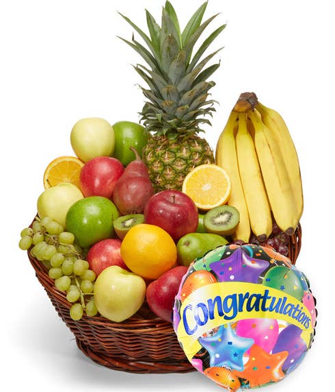 Congratulations fruit gifts basket with congrats balloon
