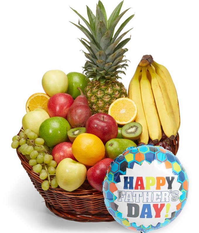 Seasonal Choice Fruit Selections in a Keepsake Basket with Father's Day Mylar Balloon
