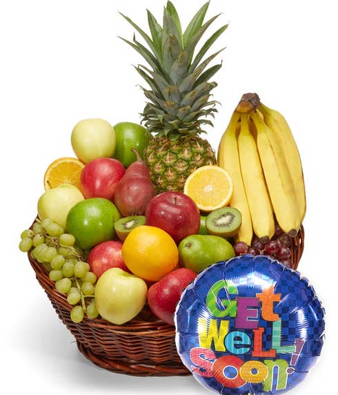 Gift basket get well soon with fruits and same day balloon delivery