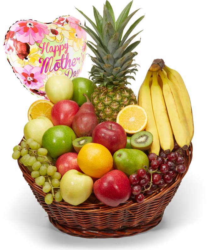 Seasonal Choice Selections of fruits including Apples, Oranges, Kiwis, Pears, Grapes, Bananas, Etc. and a Mother's Day Mylar Balloon in a Keepsake Woven Container
