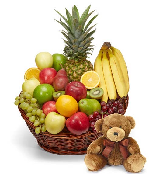 Mixed fresh fruits gifts basket with stuffed animal teddy bear gift