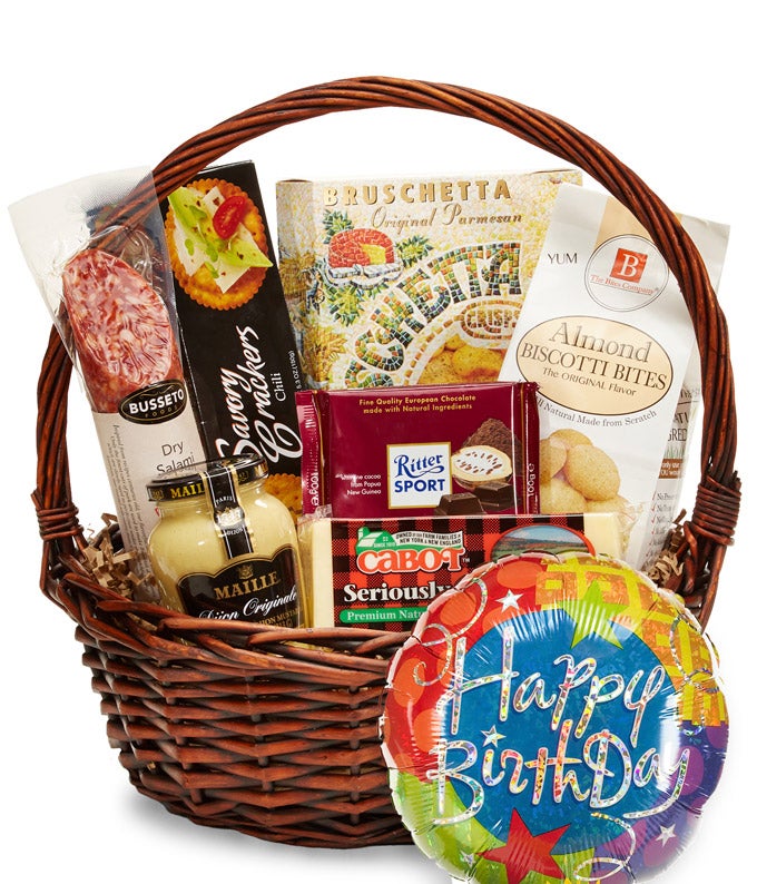 1 Birthday-Themed Mylar Balloon, Sausage and Cheeses, Crackers, Cookies, and Gourmet Foods in a Wicker Basket with Card Message