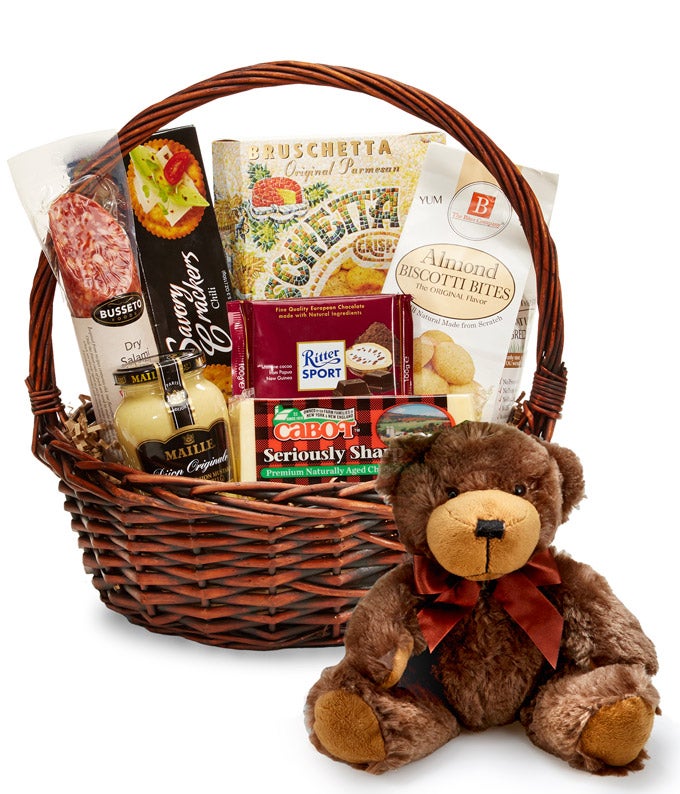 Premium Gourmet Snack Selections including Sausages And Cheeses in a Keepsake Basket with Plush Teddy and Card Message