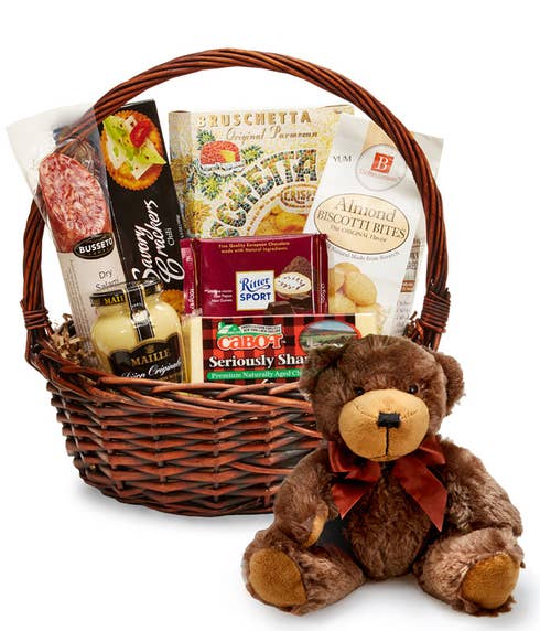 sausage and cheese gift basket and teddy bear with sausages and cheeses