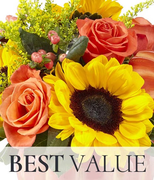 Best value Fall flowers bouquet with fall flowers and orange flowers with vase