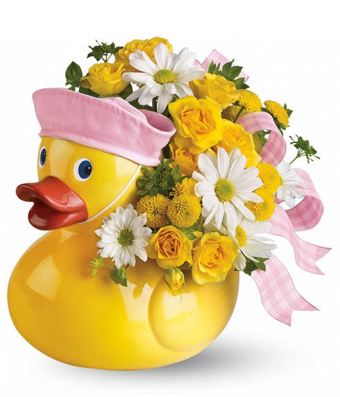 Newborn new little baby girl ducky flowers bouquet with porcelain duck vase
