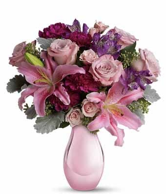 Oriental pink lily, pink rose, pink spray roses and purple alstroemeria bouquet