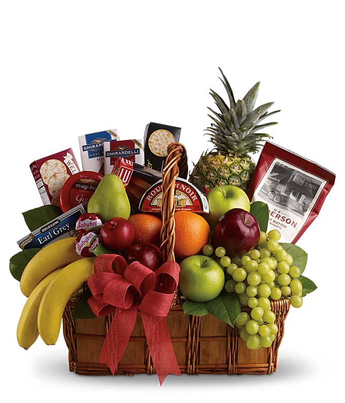 Assorted Fresh Fruits, Cheese & Crackers, Tea, and Savory Snacks Mix in a Basket with Red Decorative Ribbon and Included Message Card