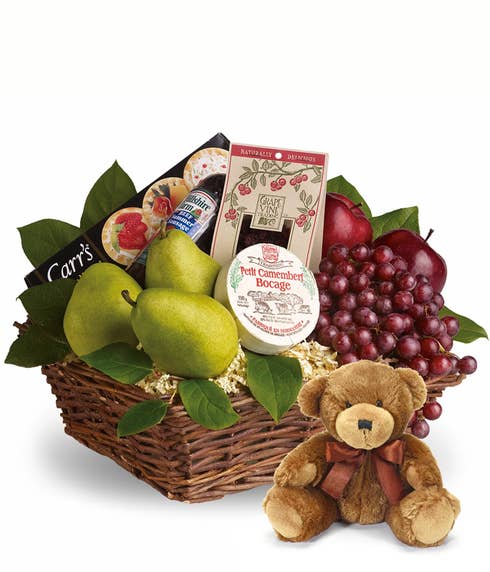 gourmet fruits basket hand-delivered with a stuffed animal teddy bear gift