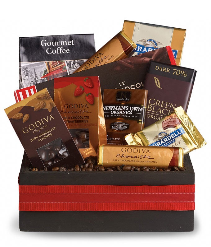 Sweet Chocolate Candy Bars, Coffee and Nuts in a Wooden Decorative Box