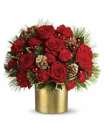 Red rose flower bouquet with red roses and cheap flowers in gold vase