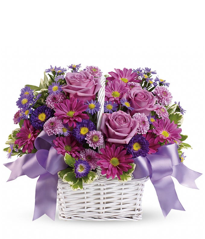 Unique gift ideas for Mother's Day flower basket of purple flowers