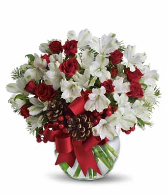 White alstroemeria bouquet with red spray roses with pine cones in a vase