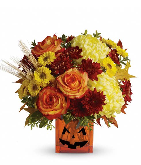 Jack O Lantern pumpkin Halloween flowers bouquet with Halloween flowers