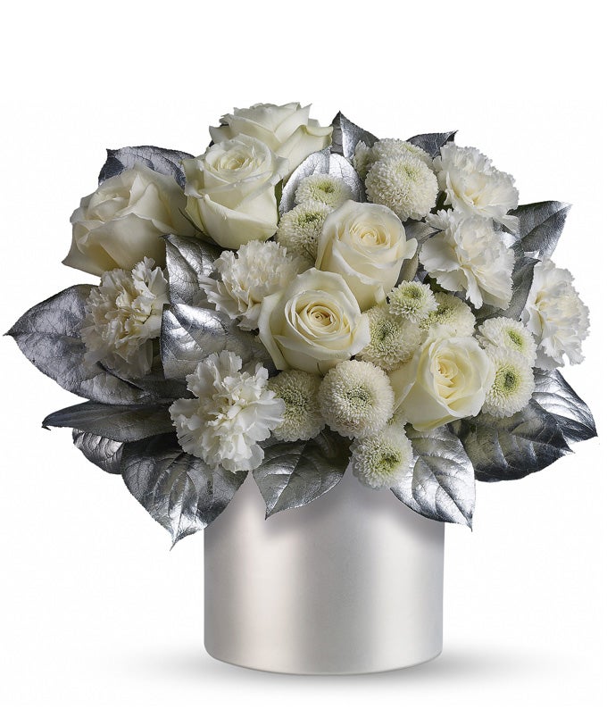 White and silver Christmas flower arrangement for same day delivery