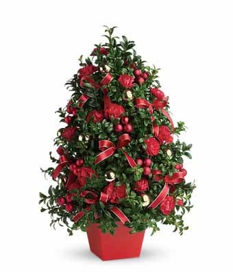 Red berry Christmas tree arrangement of winter flowers & cheap flowers