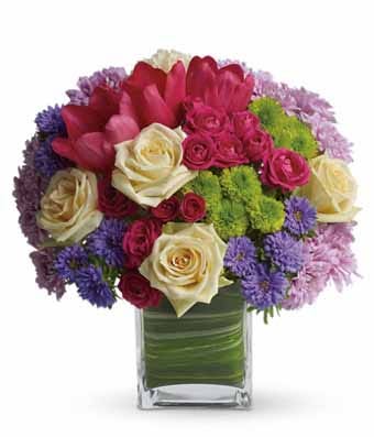 Premium brightly colored mixed flower bouquet with yellow, hot pink and purple flowers