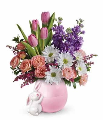 Porcelin bunny flower vase with pink tulips, peach spray roses and white daisy