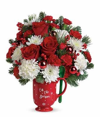 Christmas flowers tis the season red rose and white carnation mug bouquet