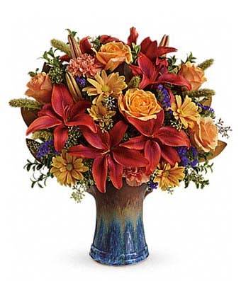 Autumn orange lily and peach rose bouquet with Fall Thanksgiving flowers