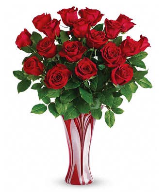 Luxury long stem red roses bouquet with premium swirl red glass blown vase