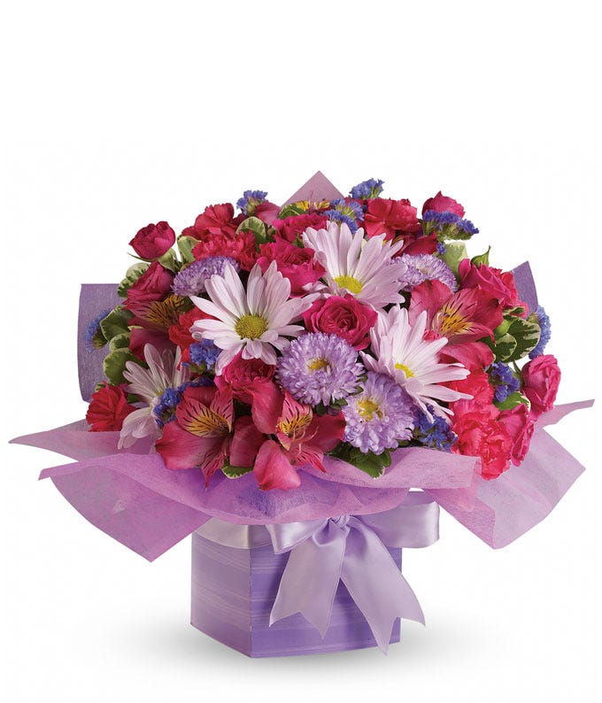 Lavender daisy, purple mums, hot pink alstroemeria and pink spray rose birthday bouquet