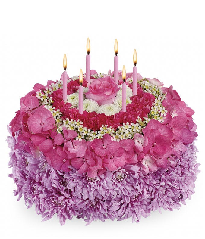 A Bouquet of Pink Roses, Pink Hydrangea, White Waxflower,  Lavender Cushion Spray Chrysanthemums, White Button Spray Chrysanthemums and Hot Pink Carnation Minis with 6 Candles