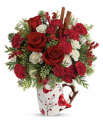 Red cardinal Christmas holiday flowers coffee cup mug bouquet