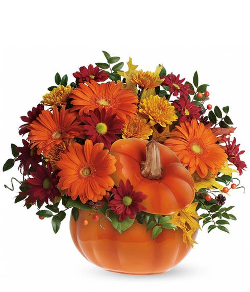 Country pumpkin bouquet same day delivery with fall orange flowers