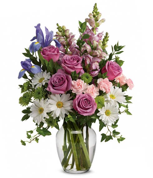 Spring lavender rose and white daisy bouquet with irises and white daisies