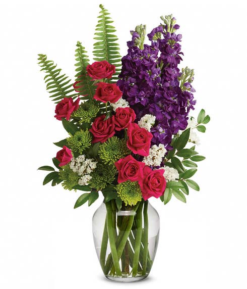 Hot pink rose and purple stock flowers bouquet with white sinuata statice