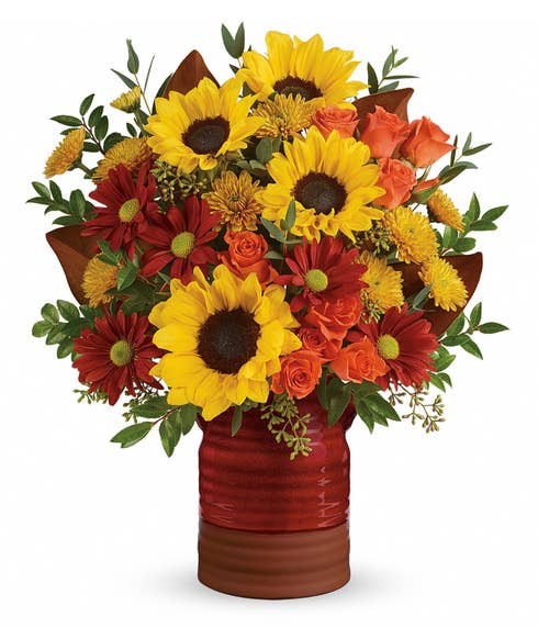 Sunflowers mason jar flower arrangement with orange mini roses and burgundy daisies