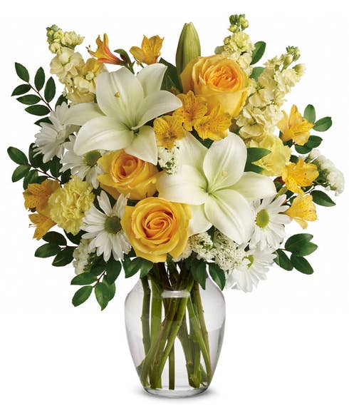 yellow flower bouquet with summer flowers, roses and summer flowers