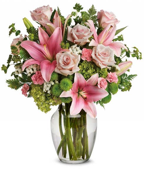 green pink flower bouquet with pink lily, pale rose and cheap premium flowers