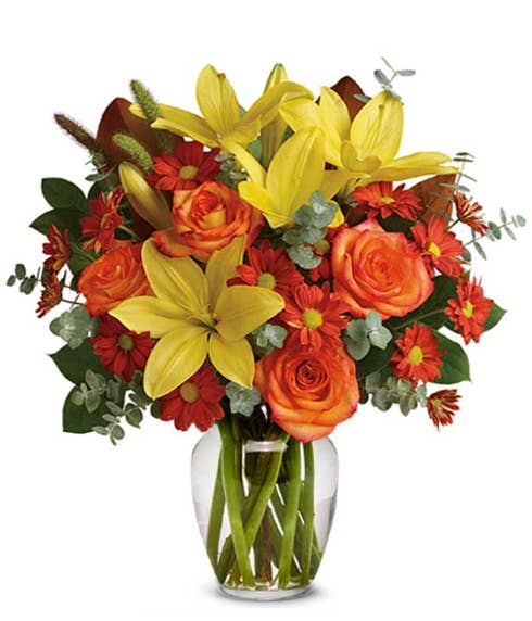 Orange rose yellow lily bouquet for fall flower delivery at send flowers