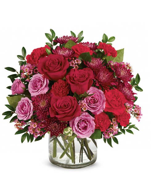 Red and lavender mixed roses bouquet with red and purple roses and purple chrysanthemums