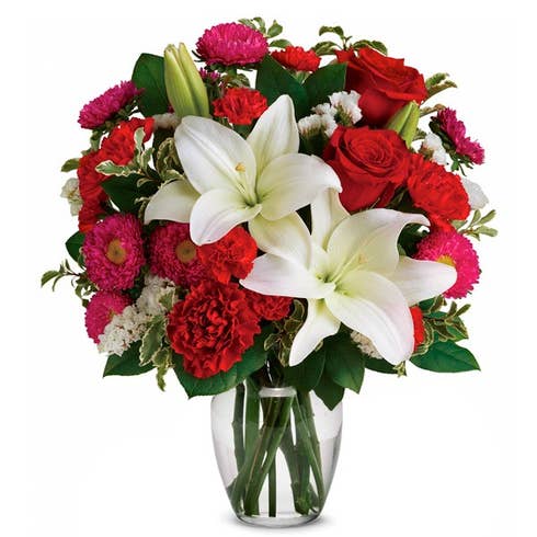White lily, red roses, red carnations and hot pink Matsumoto asters bouquet