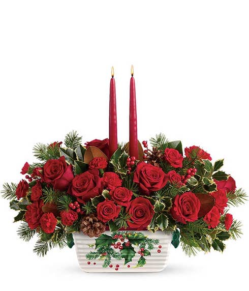 Christmas flower red rose and candles centerpiece delivery same day