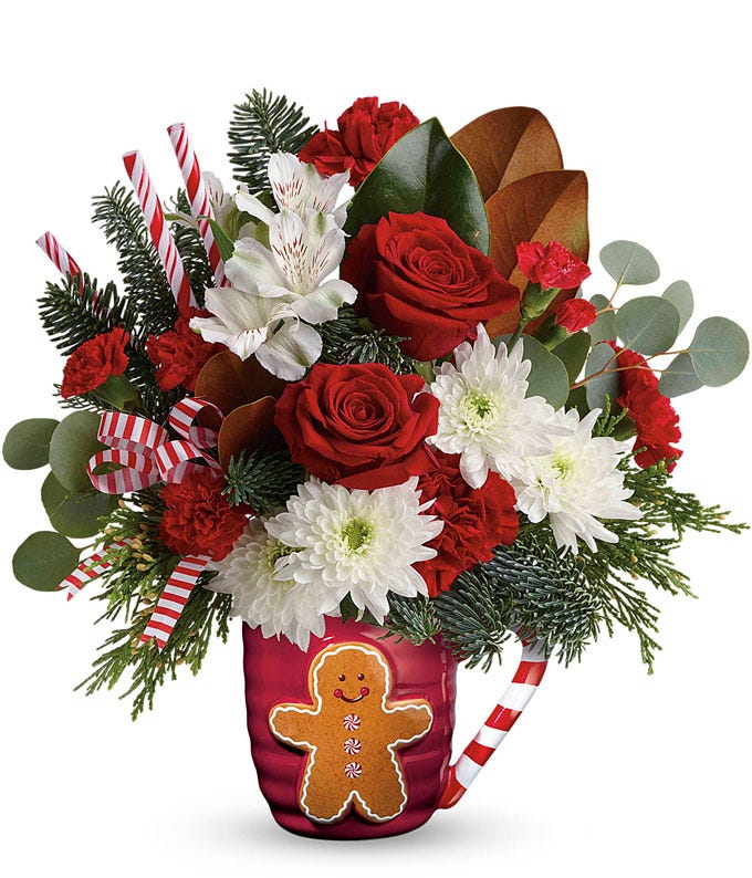 Gingerbread man flower coffee mug bouquet for same day christmas flower delivery