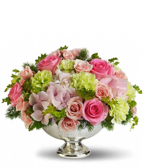 Luxury premium spring flowers centerpiece with hot pink roses and green carnations
