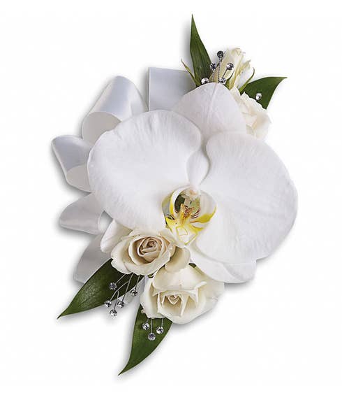 White phalaenopsis orchid flower corsage delivery with white spray roses
