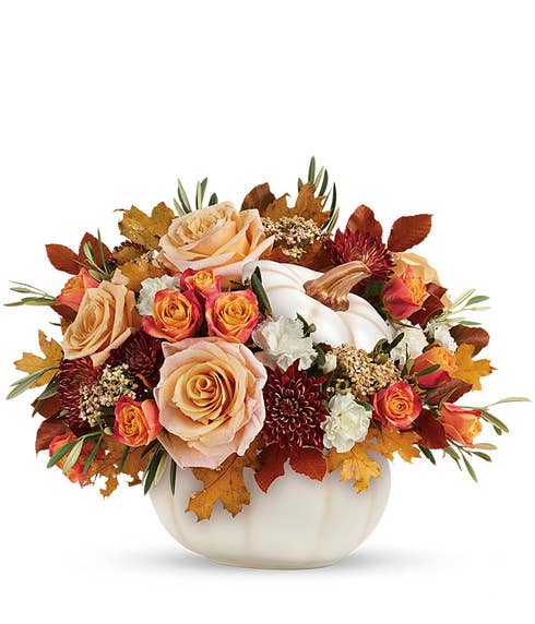 White pumpkin flowers arrangement with white roses and carnations and orange roses