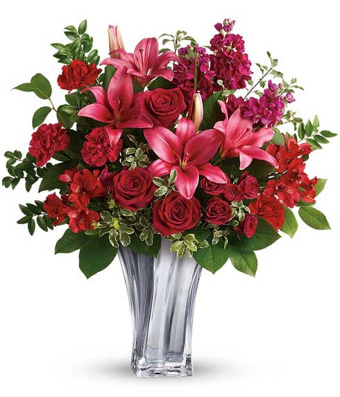 Valentine's Day flower delivery and luxury pink lily red rose bouquet