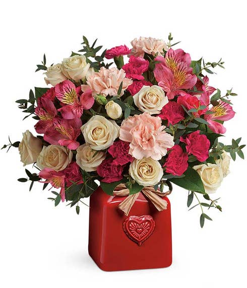 Rustic Valentine's Day flower delivery from Send Flowers with heart print vase